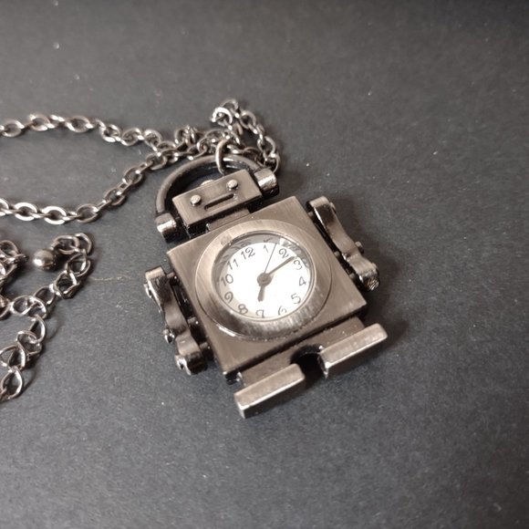 Very Cool Dark Silver Tone Robot Watch Pendant Necklace 21 Inches Long - Picture 9 of 11